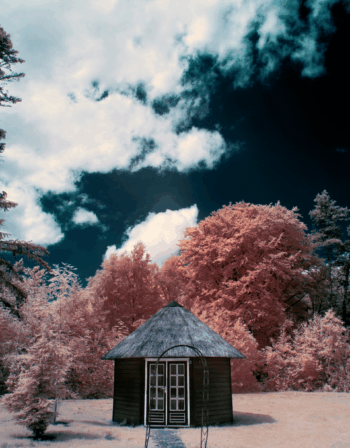 750nm false colour infrared photograph of a historical house in the Open Air Museum in Arnhem, Gelderland, Netherlands