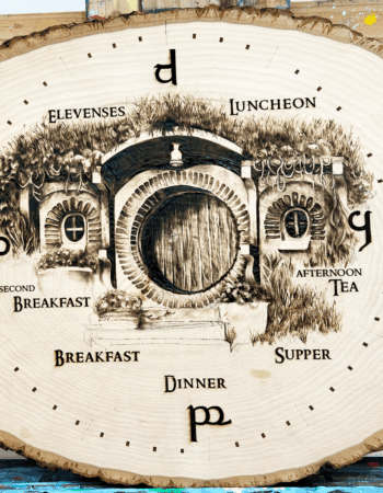 Pyrography clock base of a scene from The Shire ft Hobbit time